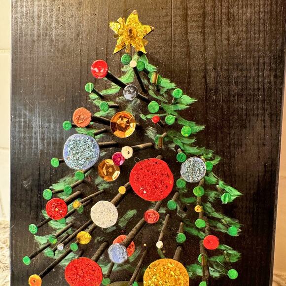 Vintage Handmade Nail Art Christmas Tree Plaque | Mixed Media Wood Decor - Picture 6 of 11